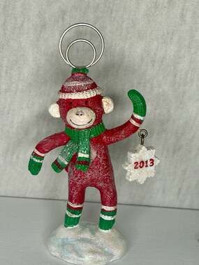 Cracker Barrel Sock Monkey 2013 Christmas Place Card Holder Ornament